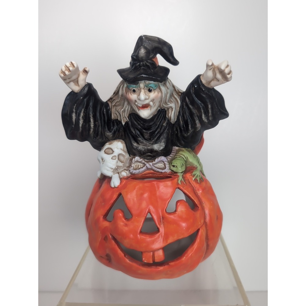 Vintage Halloween Wicked Witch Pumpkin JOL  Candle Votive Holder Lizard Skull 7" - Picture 2 of 14